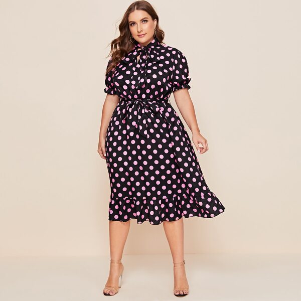 

Plus Tie Neck Ruffle Hem Belted Polka Dot Dress, Multicolor