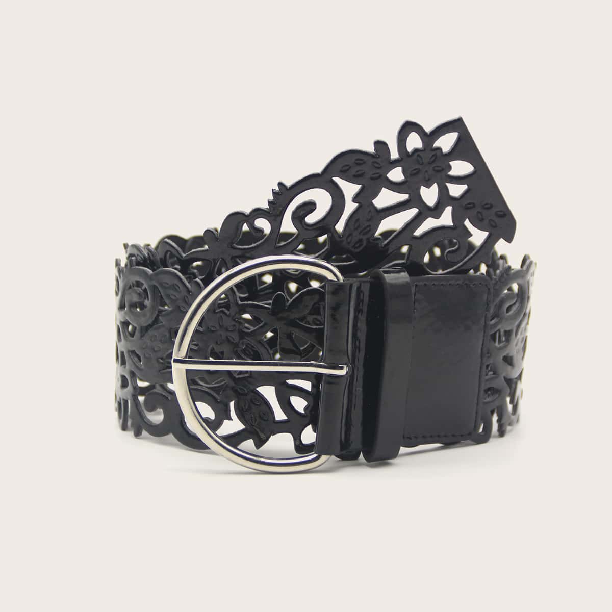 

Hollow Out Floral Design PU Buckle Belt, Black