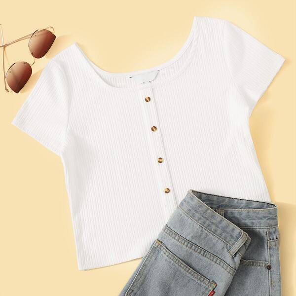 

Button Front Rib-knit Crop Tee, White