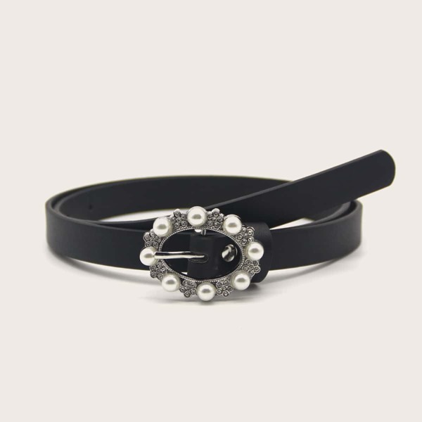 

Faux Pearl Decor PU Buckle Belt, Black