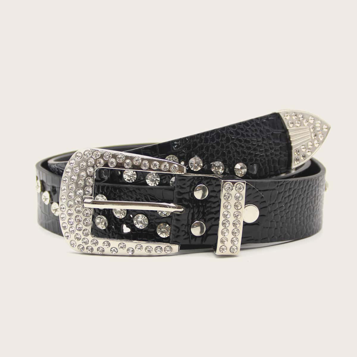 

Rhinestone Engraved Croc Embossed PU Buckle Belt, Black