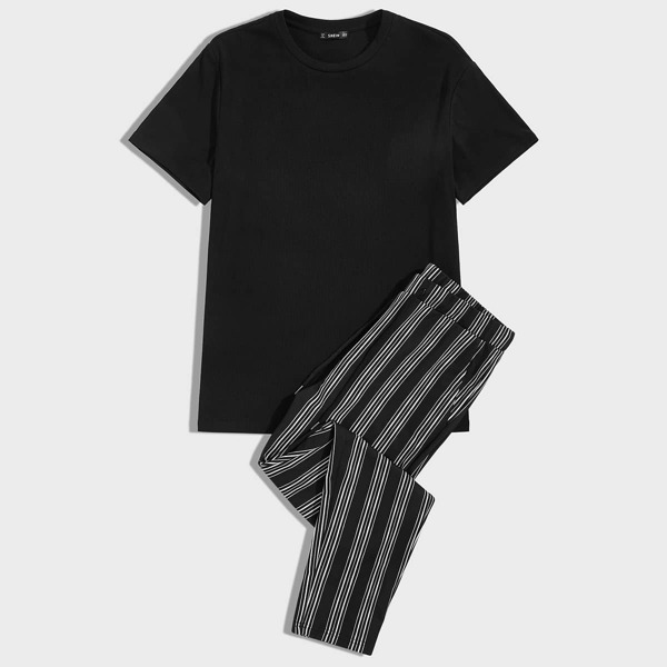 

Men Solid Top & Striped Pants Set, Black