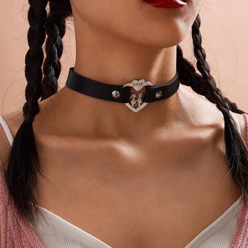 

1pc Figure & Heart Decor PU Choker, Black
