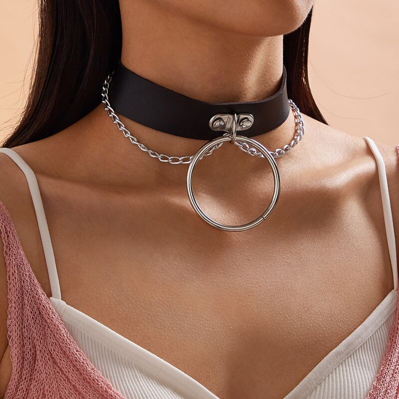 

1pc Ring & Chain Decor PU Choker, Black