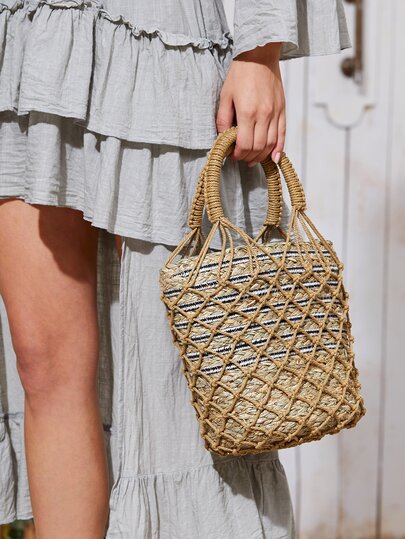Striped Woven Satchel Bag