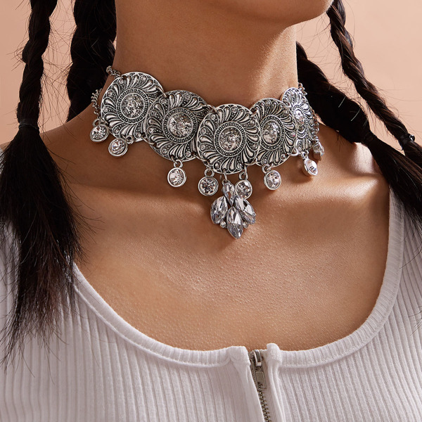 

1pc Rhinestone Charm Chain Choker, Silver
