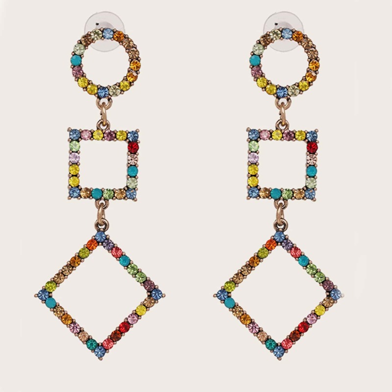 

1pair Colorful Rhinestone Engraved Geometric Shaped Drop Earrings, Multicolor