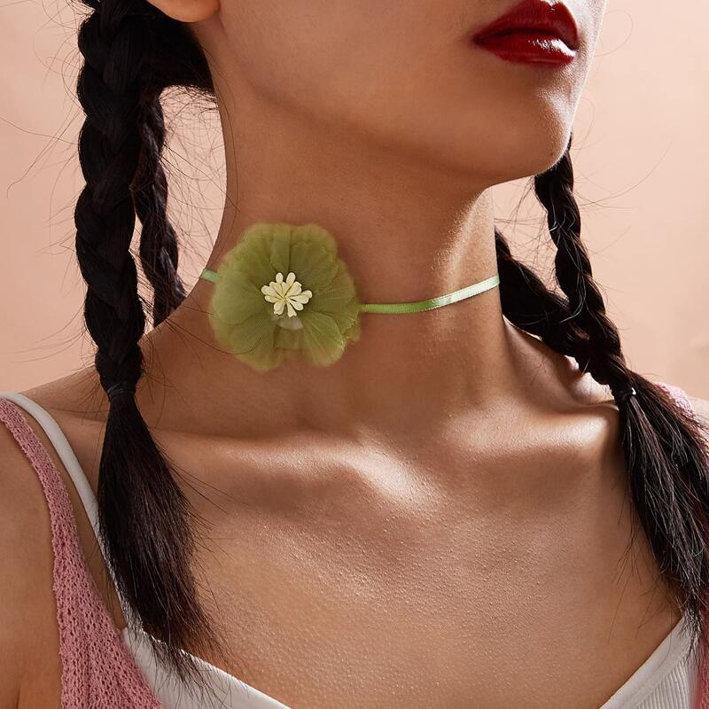 

1pc Mesh Flower Decor Choker, Green