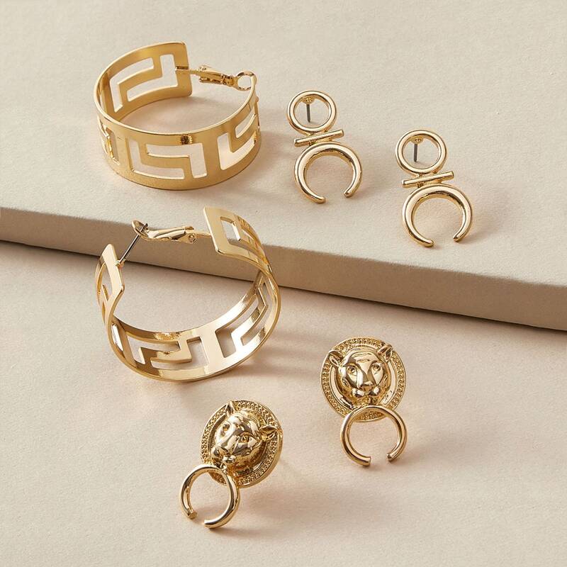 

3pairs Hollow Out & Animal Head Decor Earrings, Gold