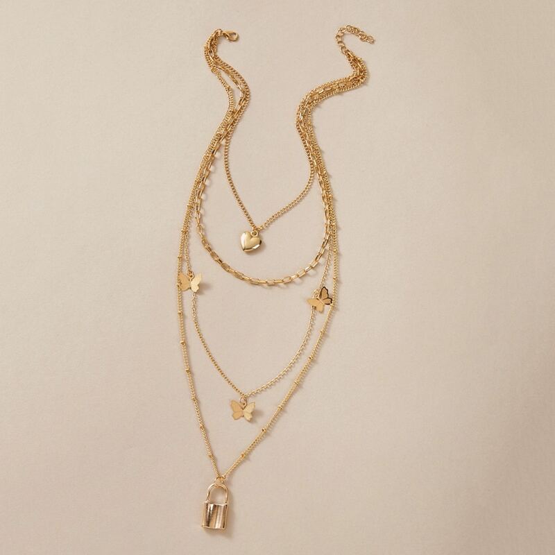 

1pc Heart & Butterfly Charm Layered Necklace, Gold