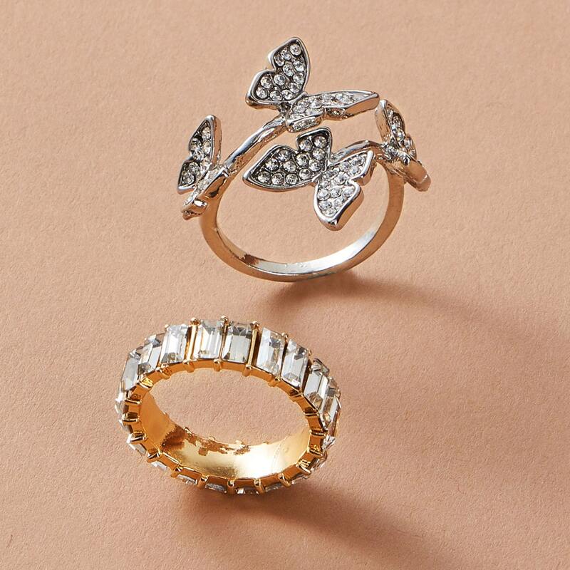

2pcs Rhinestone Engraved Butterfly Decor Ring Set, Silver