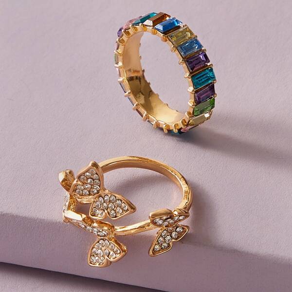 

2pcs Rhinestone Engraved Butterfly Decor Ring Set, Multicolor