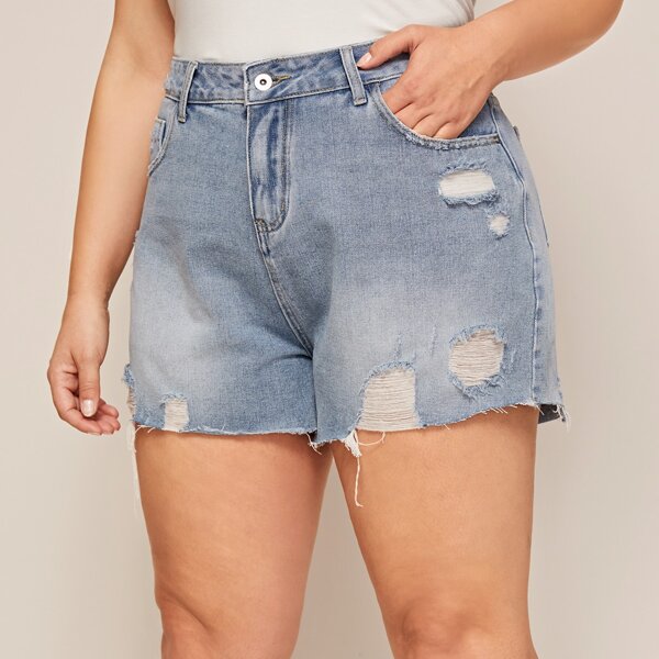 

Plus Raw Hem Ripped Denim Shorts, Blue pastel