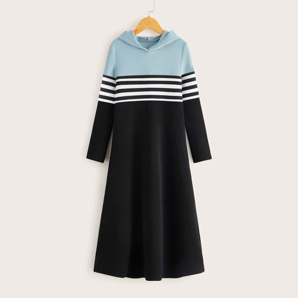 

Girls Colorblock Striped Hooded Dress, Black