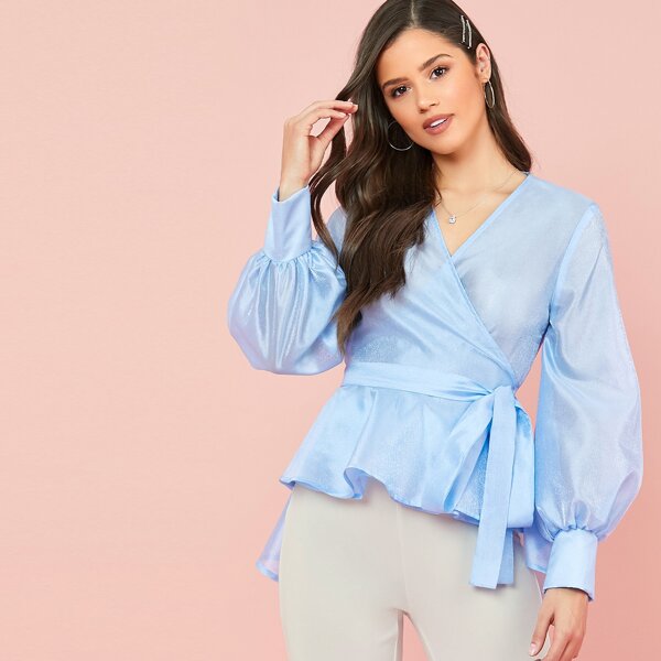 

Lantern Sleeve Belted Organza Top, Blue pastel