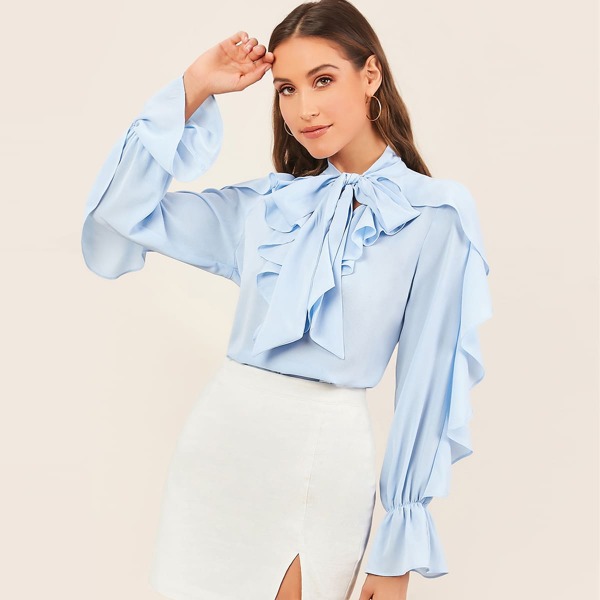 

Tie Neck Flounce Sleeve Jabot Top, Blue pastel