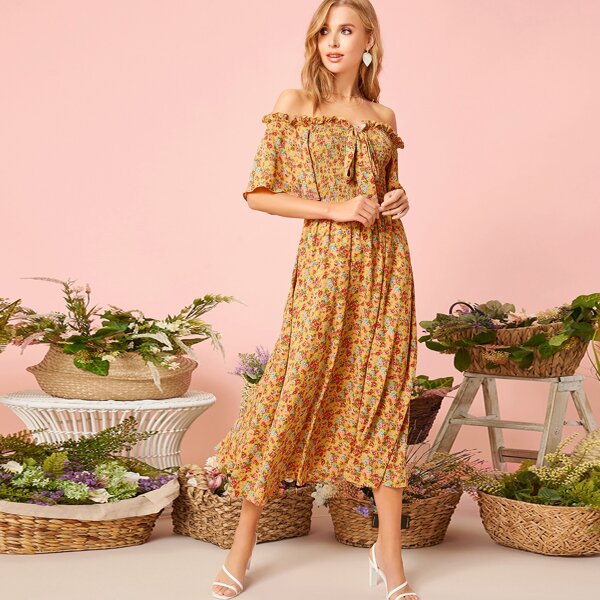 

Off Shoulder Tie Front Shirred Bodice Floral Dress, Yellow