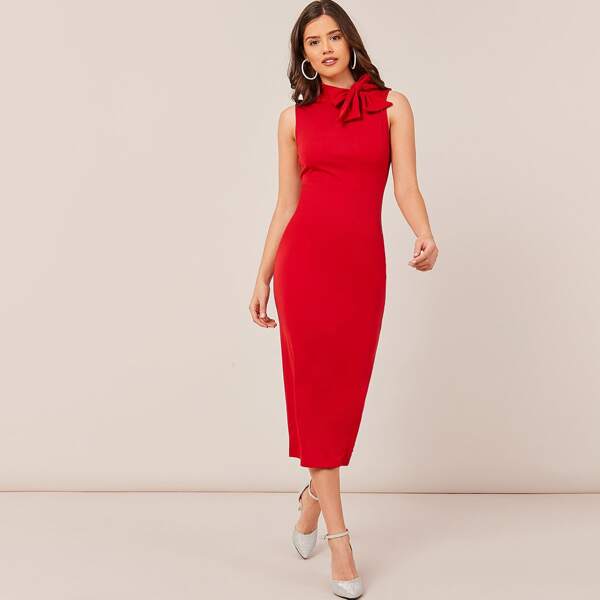 

Tie Neck Slit Hem Sleeveless Pencil Dress, Red bright