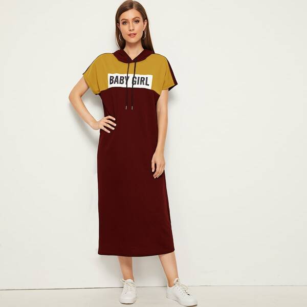 

Slogan Graphic Color-block Drawstring Hooded Dress, Burgundy