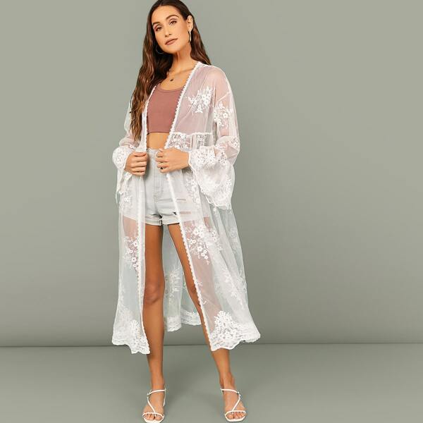 

Open Front Flounce Sleeve Embroidery Mesh Kimono, White