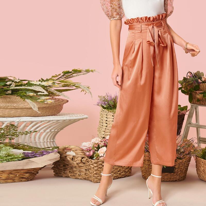 

Paperbag Waist Wide Leg Satin Pants, Orange pastel