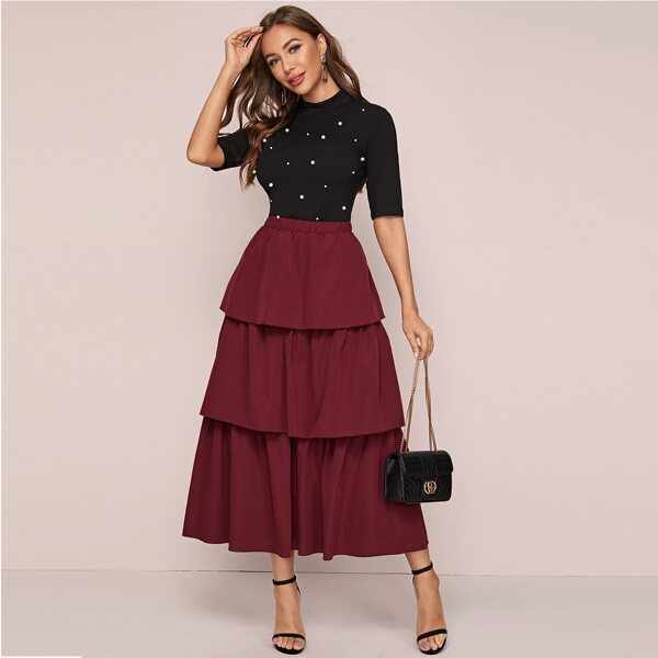 

Mock-Neck Pearls Beaded Top & Layered Skirt Set, Multicolor