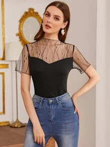 SHEIN Privé Mesh Yoke Rib-knit Top - Black - View 1