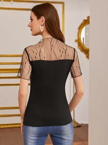SHEIN Privé Mesh Yoke Rib-knit Top - Black - View 2