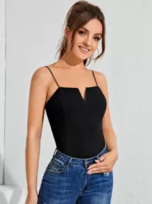 SHEIN Essnce Notched Neck Rib-knit Cami Top - Black - View 1