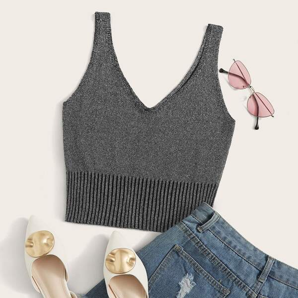 

Ribbed Knit Double V Neck Crop Top, Grey