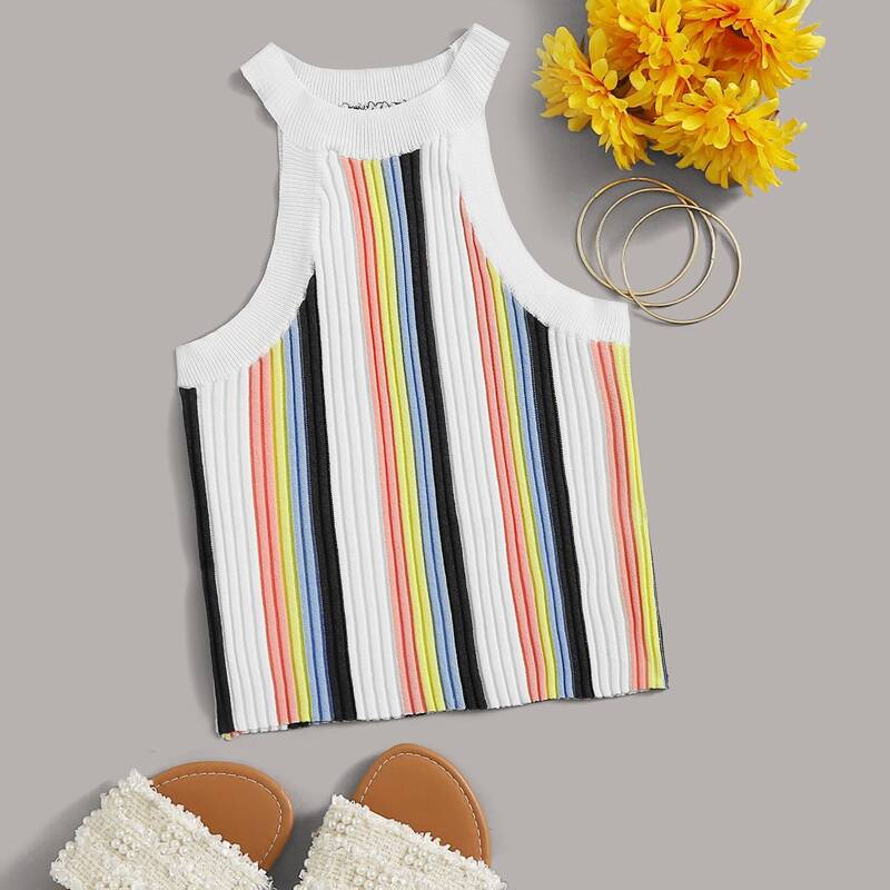 

Colorful Striped Halter Knit Top, Multicolor