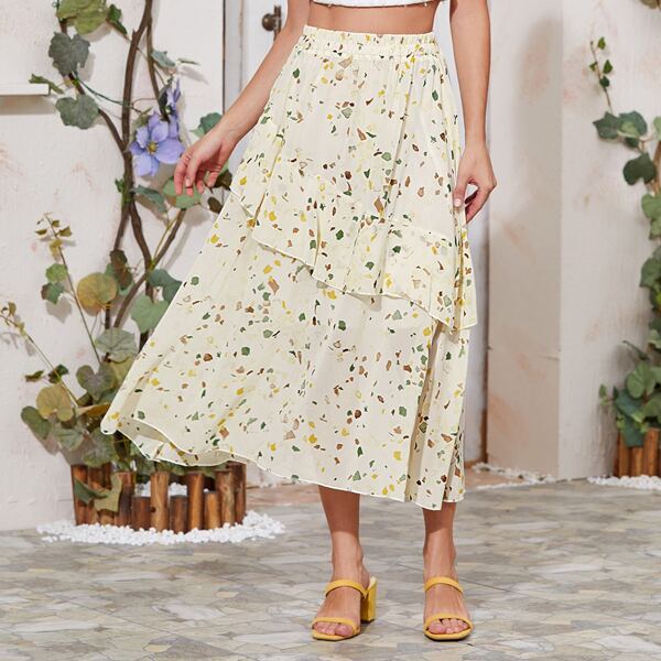

All Over Print Ruffle Trim Chiffon Skirt, Beige