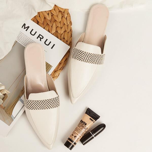 

Pointed Toe Slip On Flat Mules, Beige