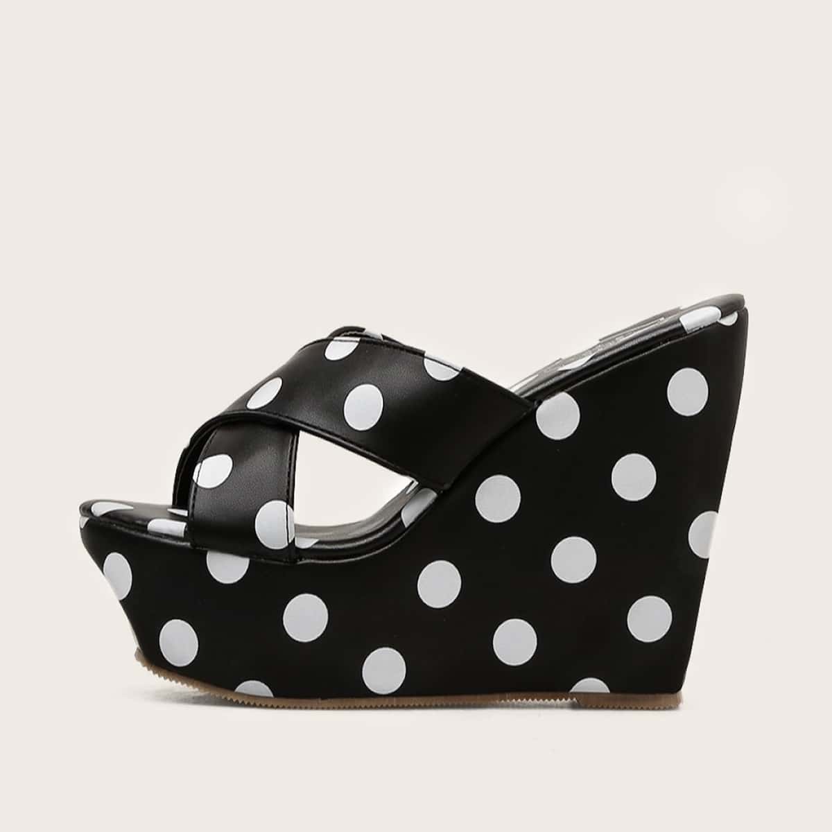 

Cross Strap Polka Dot Wedges, Black