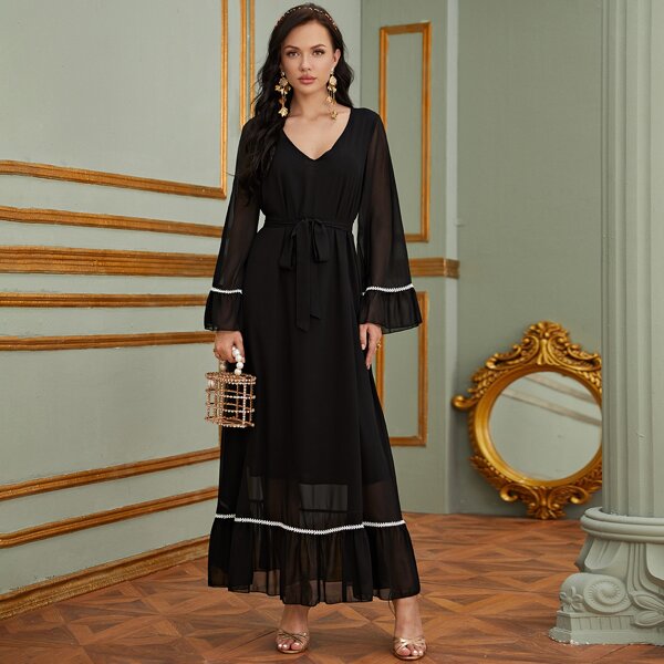 

Self Tie Ruffle Hem Chiffon Maxi Dress, Black