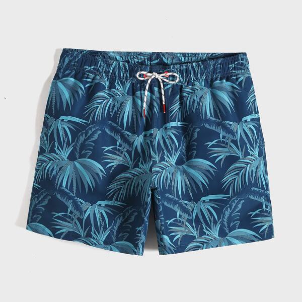 

Men Tropical Print Drawstring Swim Trunks, Blue