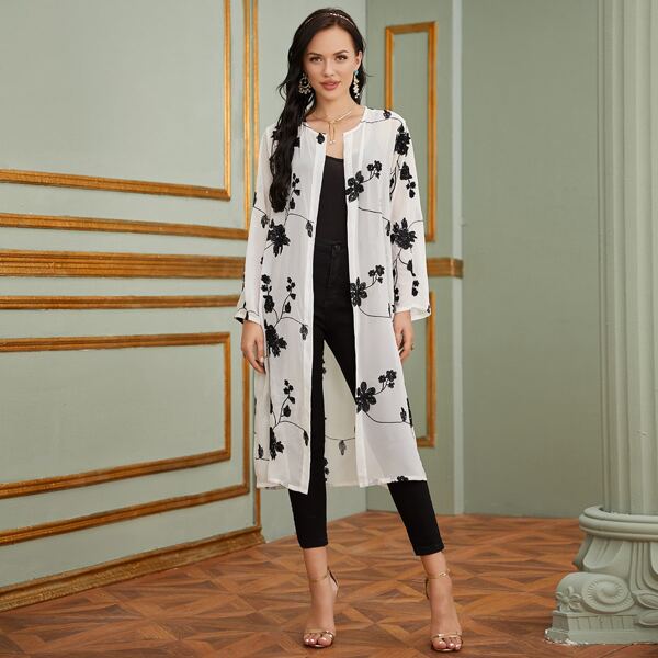 

Floral Embroidery Open Front Long Coat, White