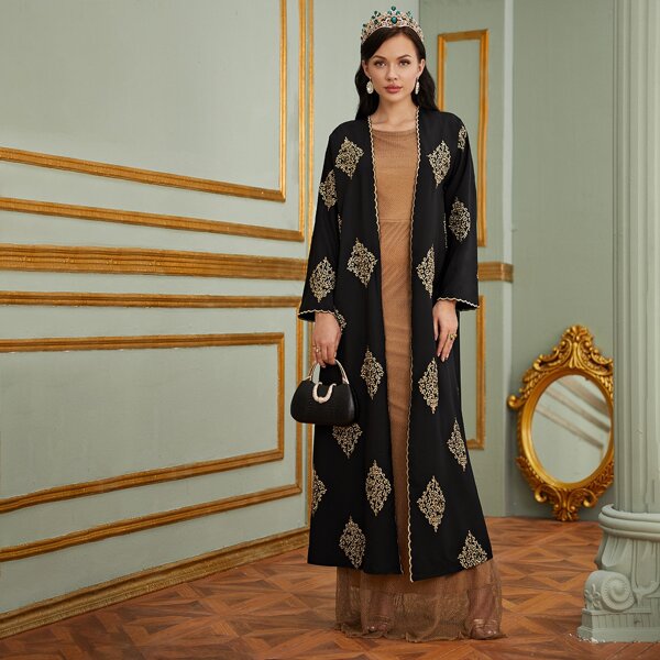 

Tribal Embroidery Scallop Trim Abaya, Black