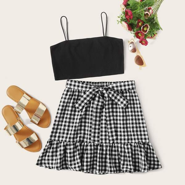 

Cami Top & Tie Front Ruffle Hem Gingham Skirt Set, Black and white