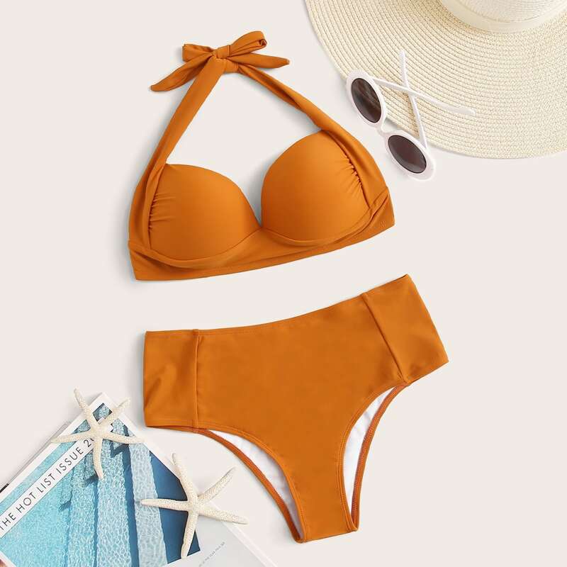 

Halterneck High Waisted Bikini Swimsuit, Yellow