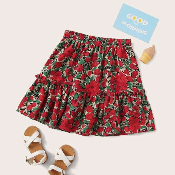 

Girls Allover Floral Print Frill Trim Skirt, Multicolor