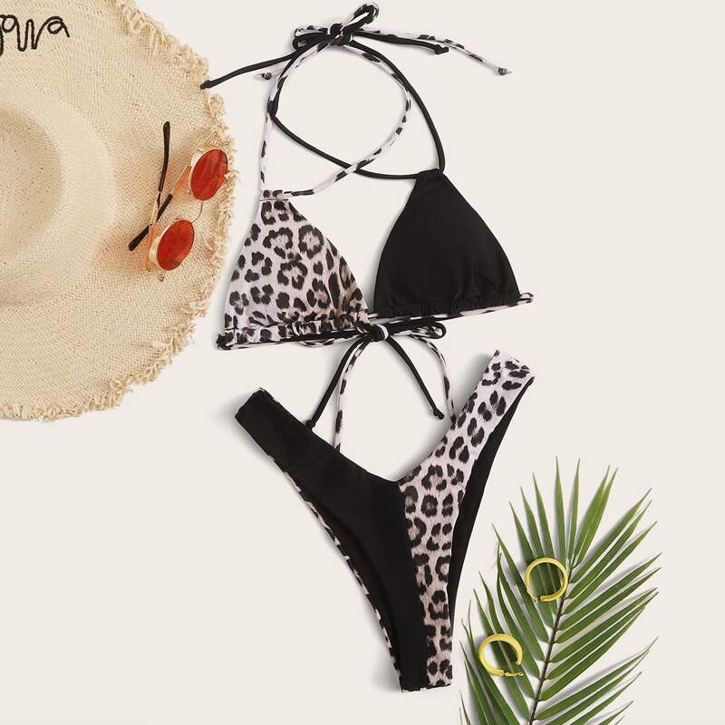 

Contrast Leopard Triangle High Cut Bikini Swimsuit, Multicolor