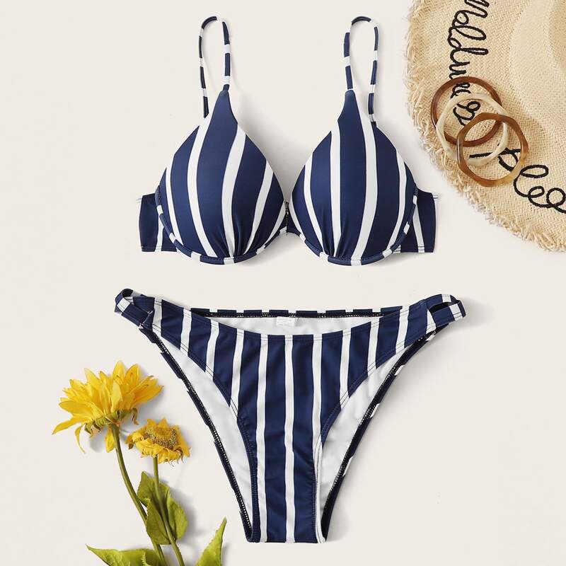 

Striped Underwire Panty Bikini Swimsuit, Navy