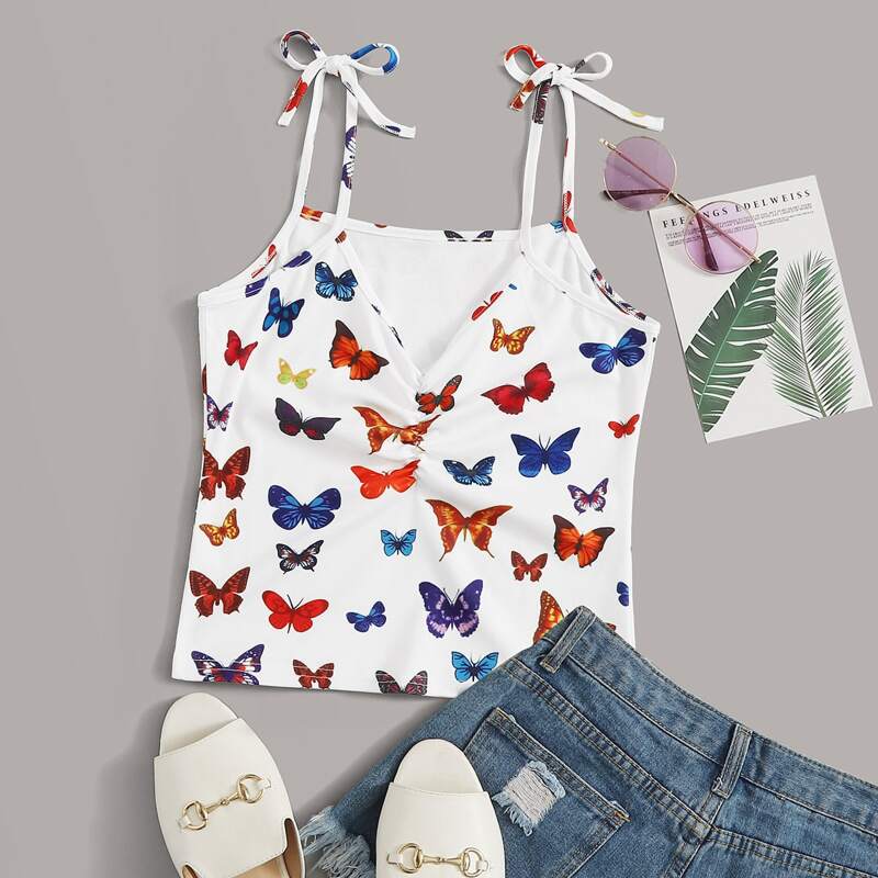

Butterfly Allover Print Ruched Cami, White