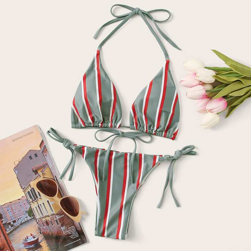 

Striped Triangle Tie Side Bikini Swimsuit, Multicolor