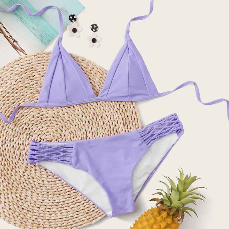 

Lattice Side Halter Triangle Bikini Swimsuit, Purple pastel