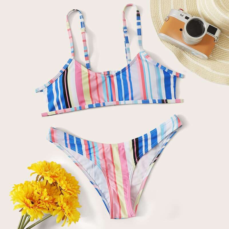 

Striped High Cut Bikini Swimsuit, Multicolor