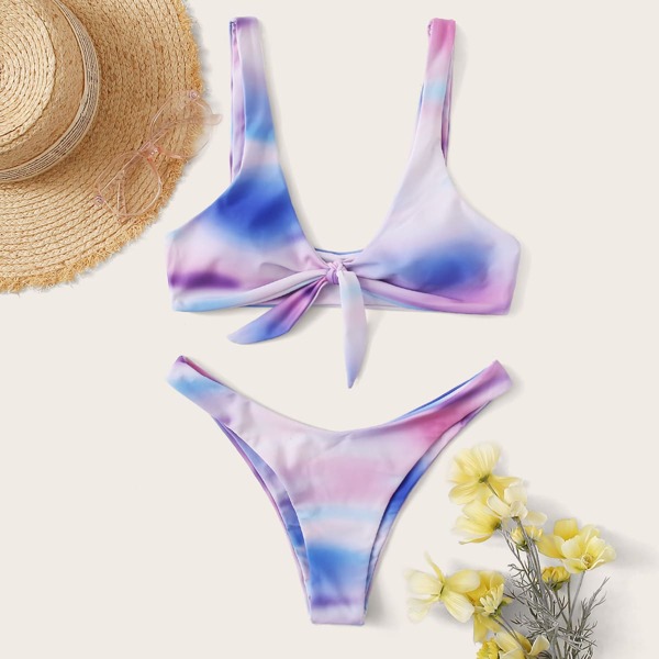 

Tie Dye Tie Front High Cut Bikini Swimsuit, Multicolor