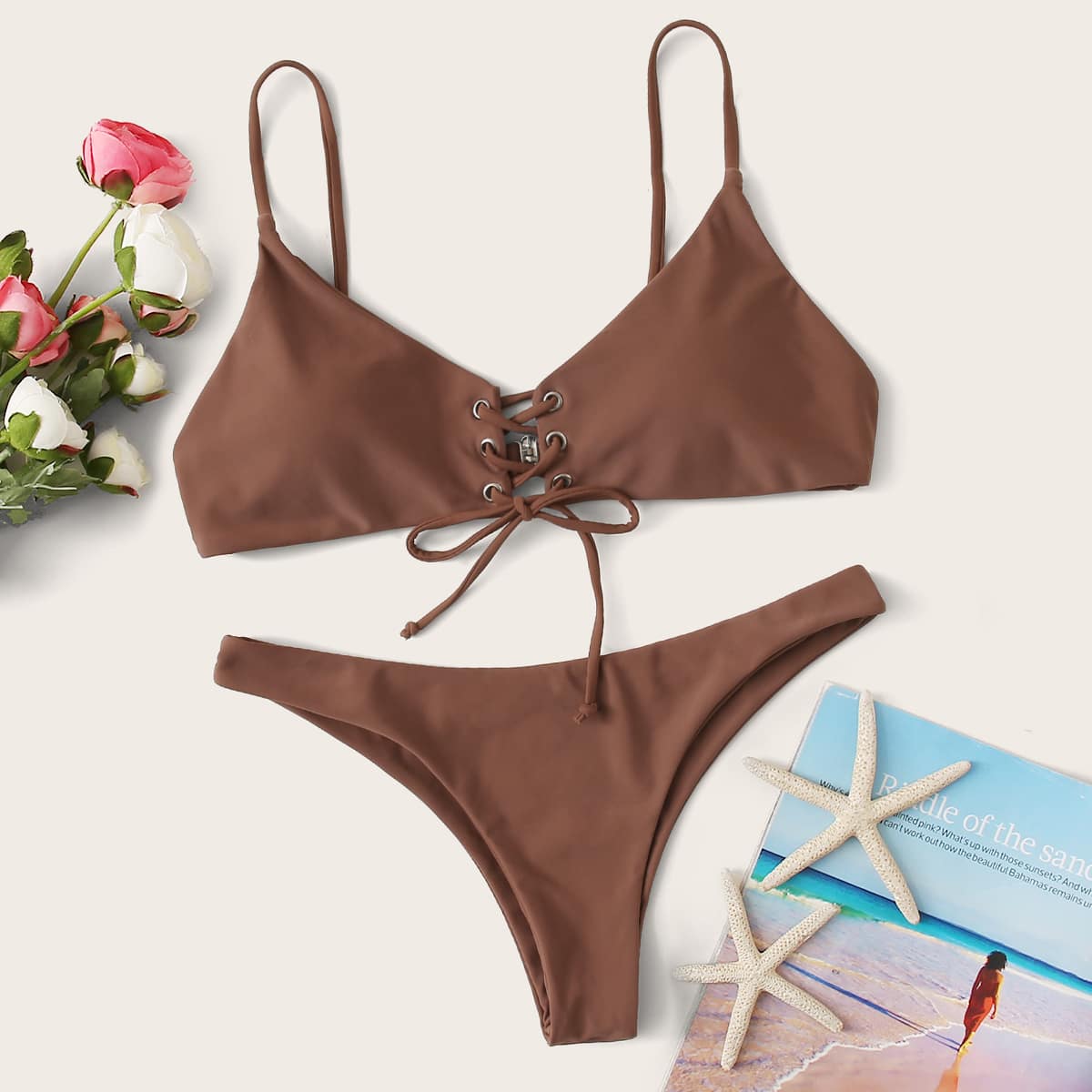 

Lace Up Cheeky Bikini Swimsuit, Brown