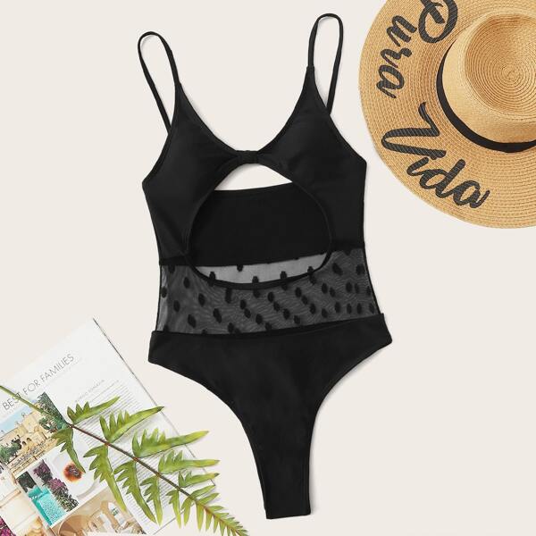 

Contrast Mesh Cut-out Front One Piece Swimsuit, Black